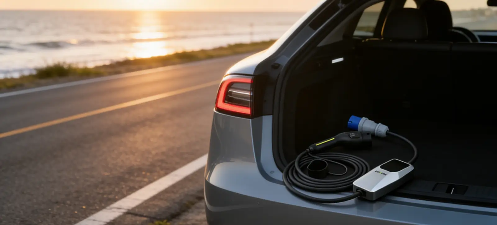 a portable ev charger in the trunk of an electric vehicle