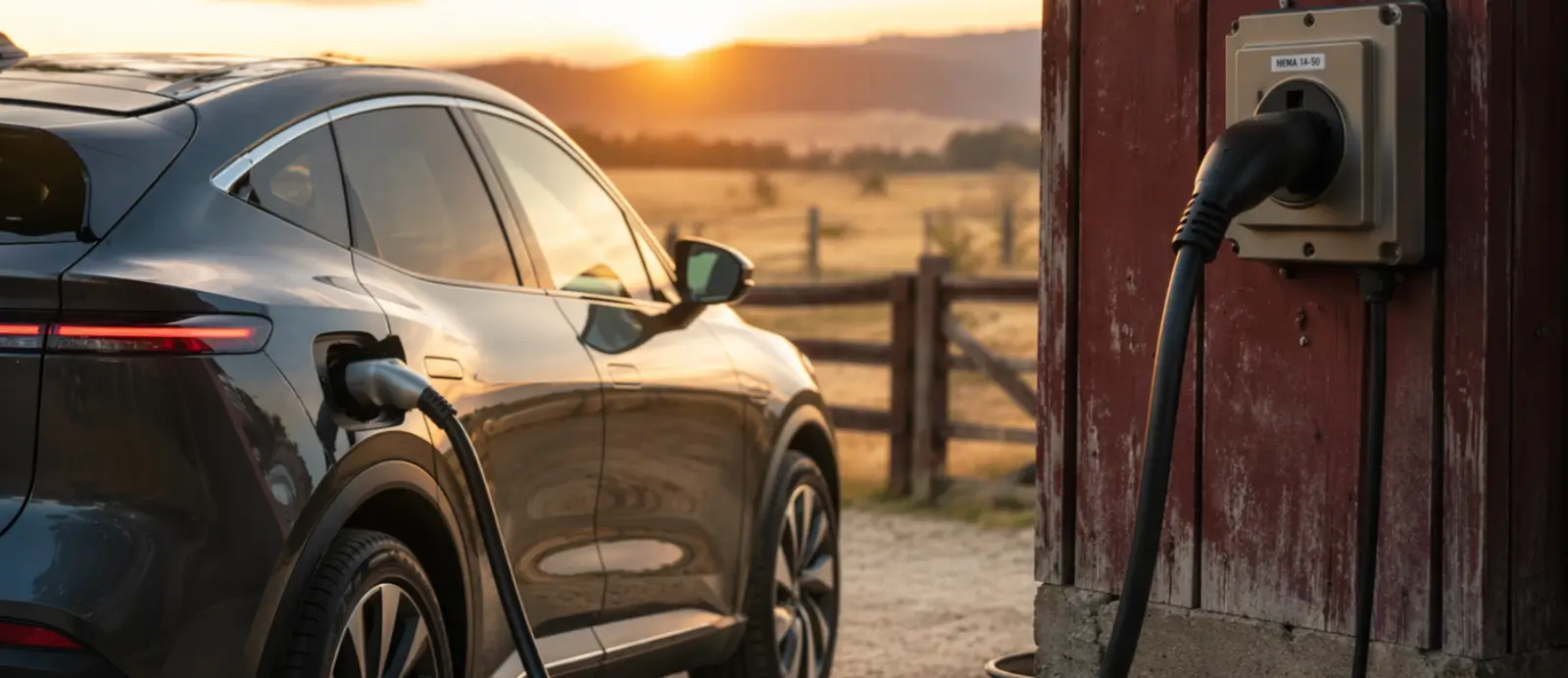 an electric vehicle charging on a farm