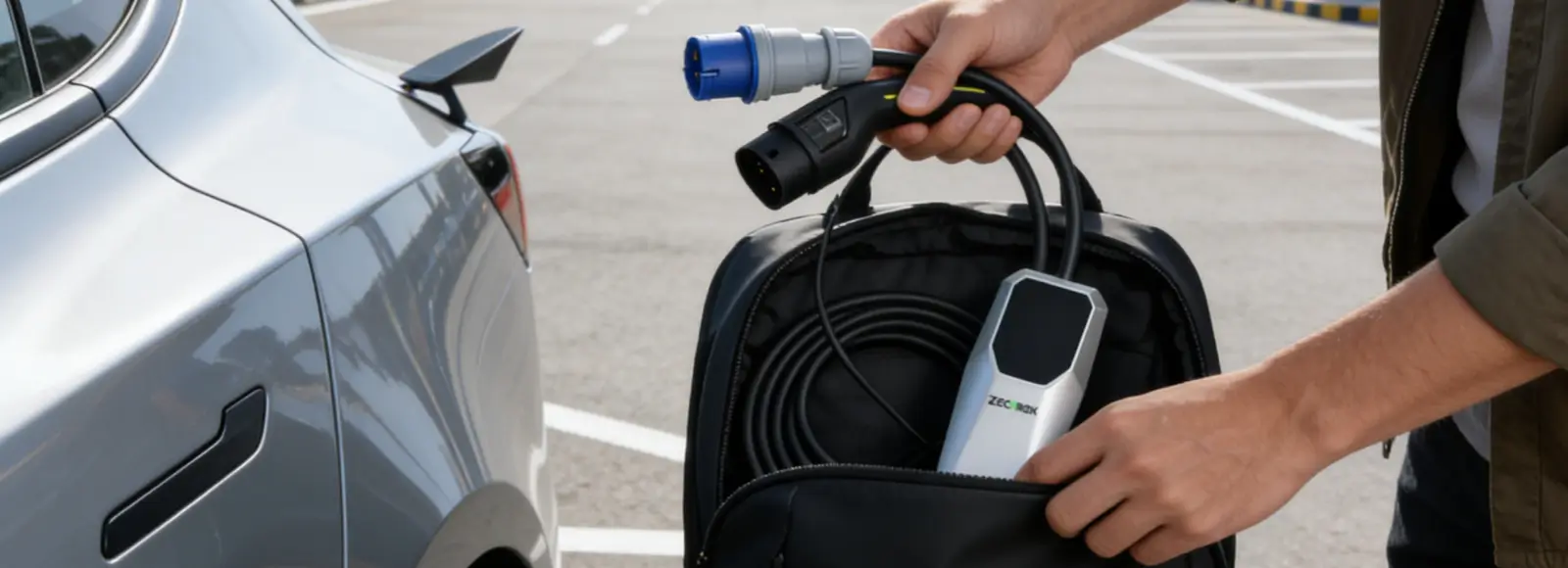 take a portable ev charger out of a backpack